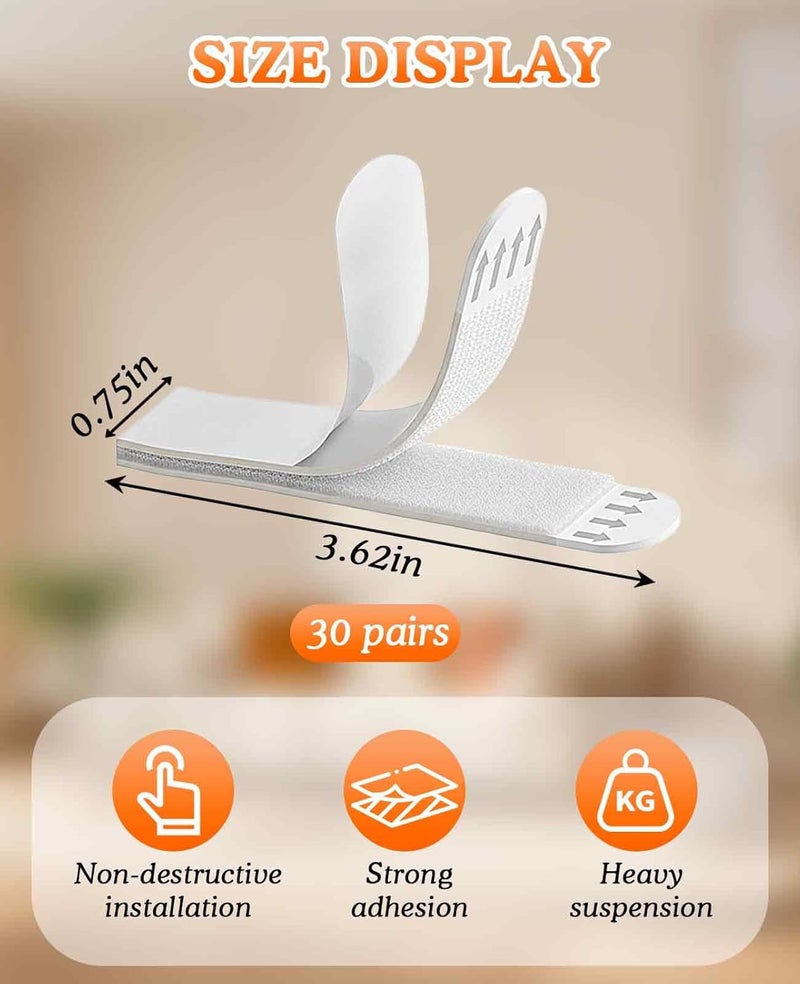 Geyynow 30 Pairs (60 Strips) Large Picture Hanging Strips Heavy Duty, 3.6" Damage Free Frame Hanging Pictures Without Nails, Wall Sticky Hook and Loop Adhesive Strips Kit - Image 2